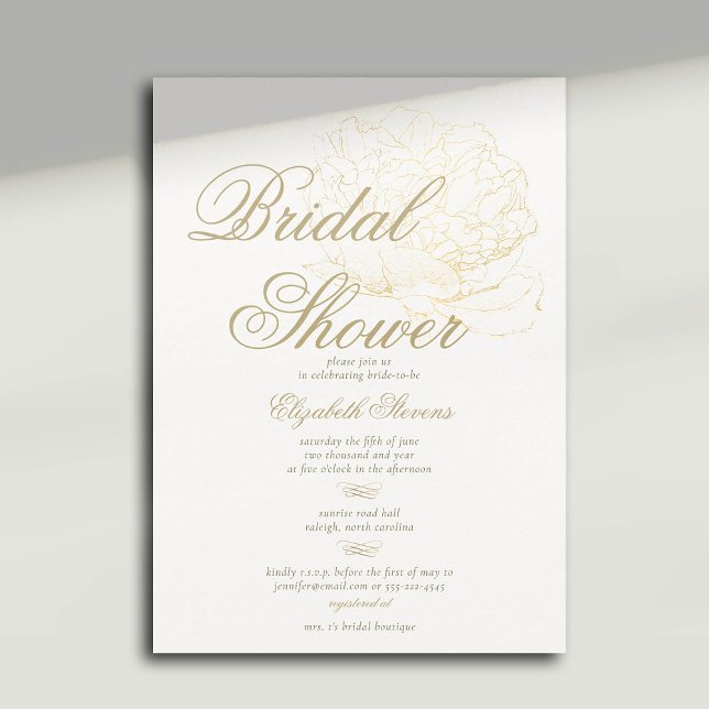 Invitation Faux Gold Peony Calligraphie Élégante Fête des mar (peony bridal shower invitation formal traditional calligraphy modern classic gold)