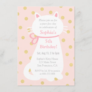 Invitation Faux Gold Pois Chat Blanc Fête d'anniversaire