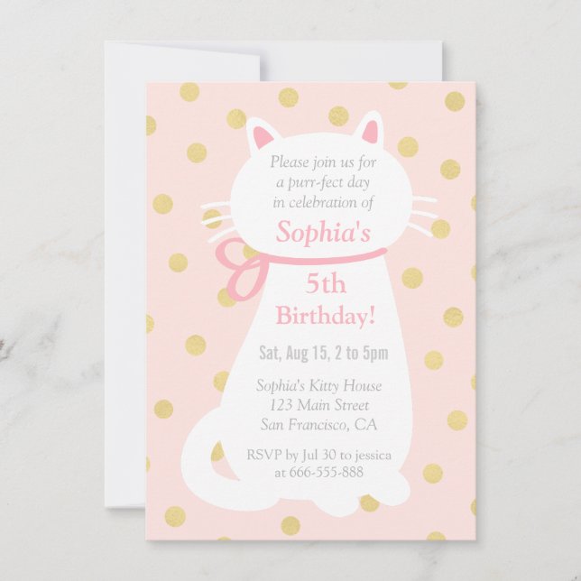 Invitation Faux Gold Polka Dots Fête d'anniversaire Chat Blan (Devant)