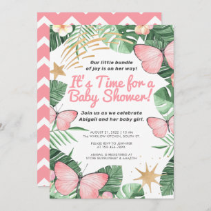 Invitation Faux Gold Star & Baby shower de fille papillon ros
