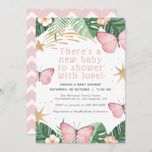 Invitation Faux Gold Star / Baby shower fille papillon rose