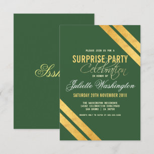 Invitation Faux Gold Strip Dark Green Surprise fête d'anniver