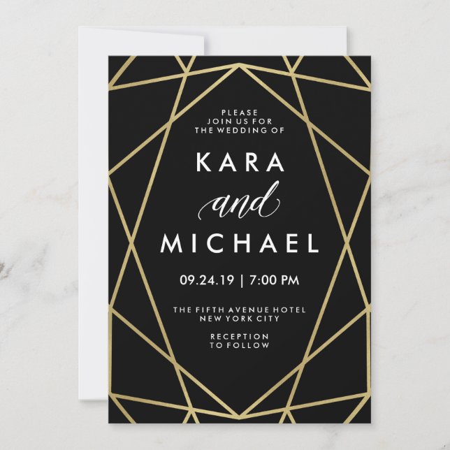 Invitation Faux Gold sur le Mariage géométrique moderne noir (Devant)