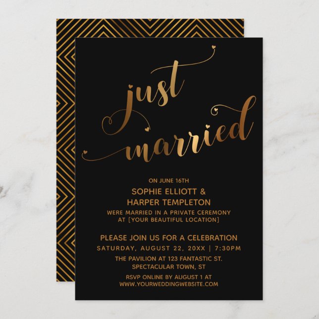 Invitation Faux Gold sur Noir Juste Marié Post-Mariage Événem (Devant / Derrière)
