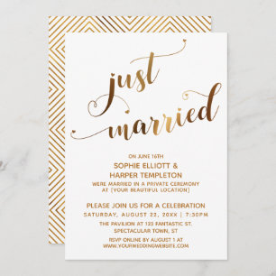 Invitation Faux Gold sur White Just Married Post-Mariage Even