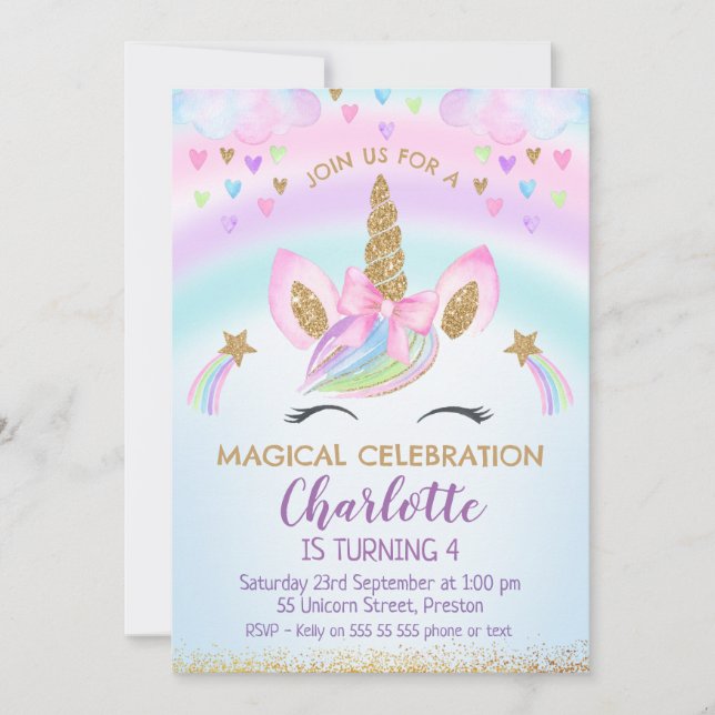 Invitation Faux Gold Unicorn Bow Rainbow Anniversaire (Devant)