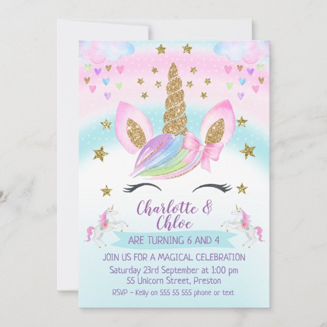 Invitation Faux Gold Unicorn Rainbow Joint Anniversaire (Devant)