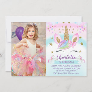 Invitation Faux Gold Unicorn Rainbow Photo Anniversaire
