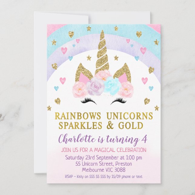 Invitation Faux Gold Unicorn Visage Rainbow Anniversaire Invi (Devant)