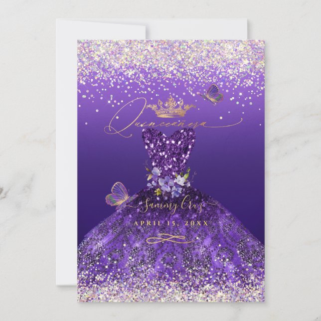 Invitation Faux hologram paillettes robe violette Quinceanera (Devant)