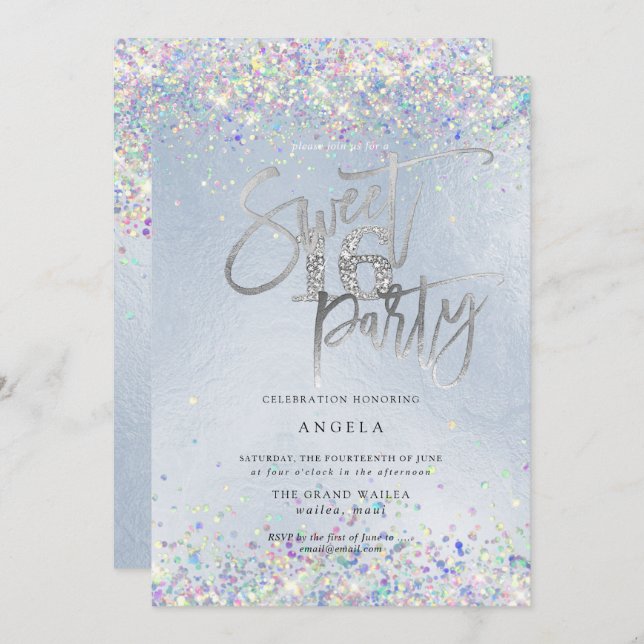 Invitation Faux Hologram Sweet 16 Diamond Doré Dusty Blue (Devant / Derrière)