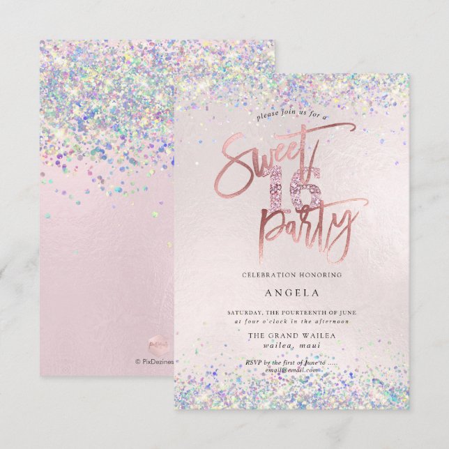 Invitation Faux hologram Sweet 16 Strass Blush (Devant / Derrière)