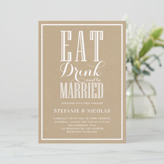 Invitation Faux Kraft Mange, Bois et Etre marié Mariage (Debout devant)
