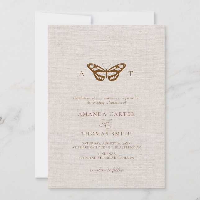 Invitation Faux Linen Papillon Monogram Mariage chic (Devant)