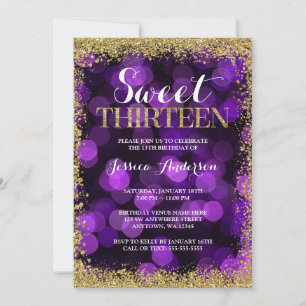 Invitation Faux Lumières Pailletées Or Violet Joyeux 13e Anni