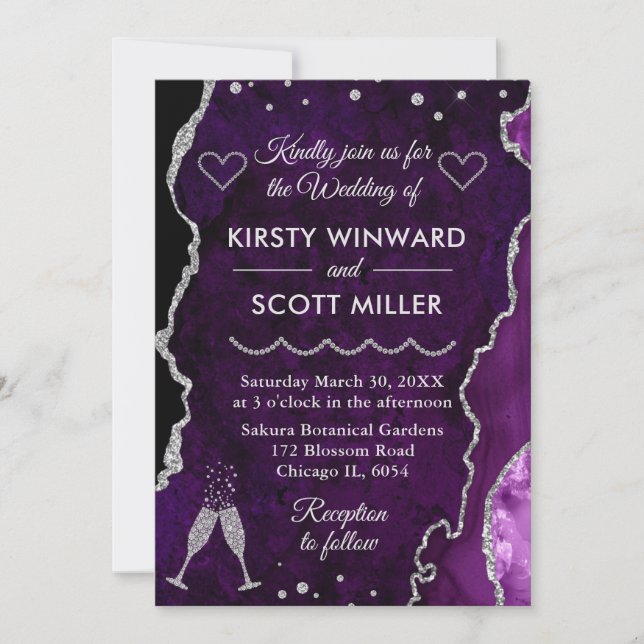 Invitation Faux marbre d'agate violet et argent pour mariage  (Devant)