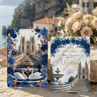 Invitation Faux Marbre Doré Et Rose Bleu Royal Cathédrale