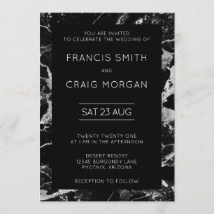 Invitation Faux Marbre noir et argent Mariage moderne