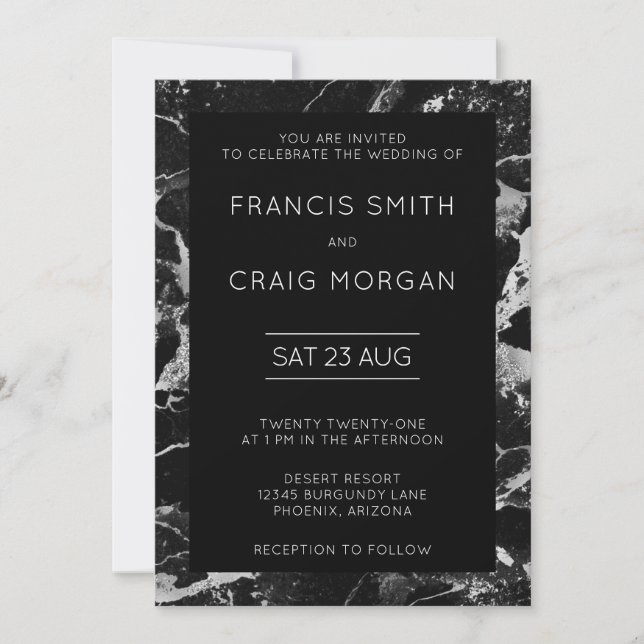 Invitation Faux marbre noir et argent moderne mariage (Devant)
