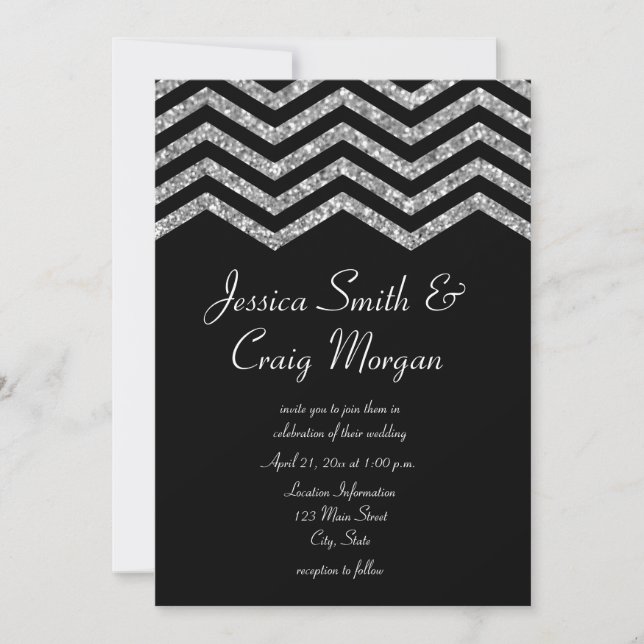 Invitation Faux mariage argent paillettes et chevron noir (Devant)
