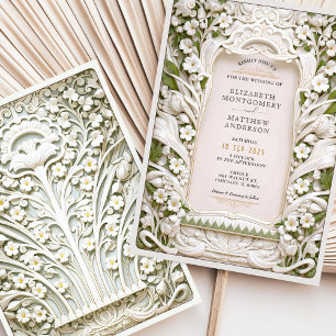 Invitation Faux Mariage Fleurs Sculptées en Ivoire