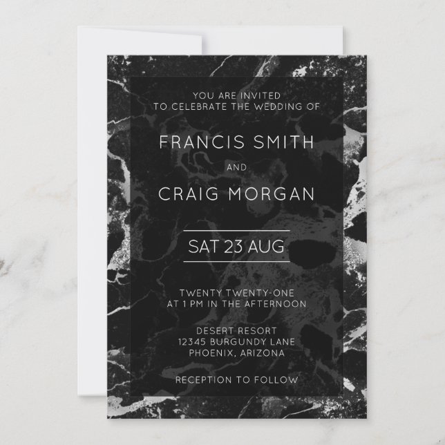 Invitation Faux Mariage Marbre Noir et Argent (Devant)
