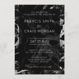 Invitation Faux Mariage Marbre Noir et Argent