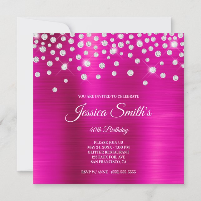 Invitation Faux Monogramme Pailleté en Strass Rose Chaud Feui (Dos)