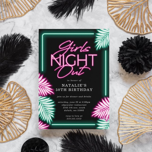 Invitation Faux Neon Girls Night Out Anniversaire (Modern Faux Neon Girls Night Out Birthday Invitation)