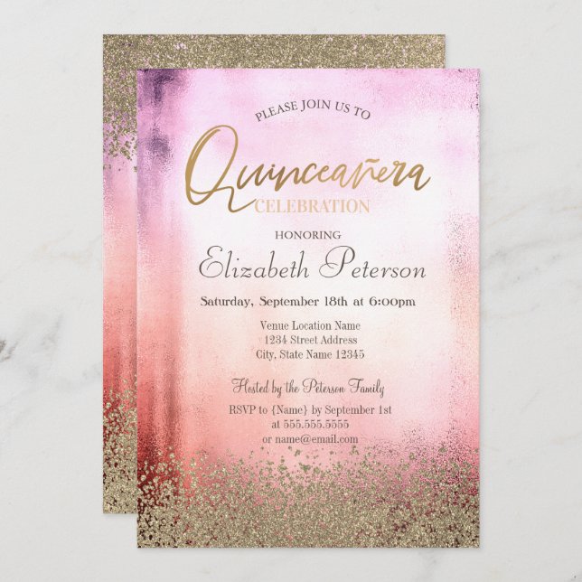 Invitation Faux Or Diamonds Ombre Quinceañera (Devant / Derrière)