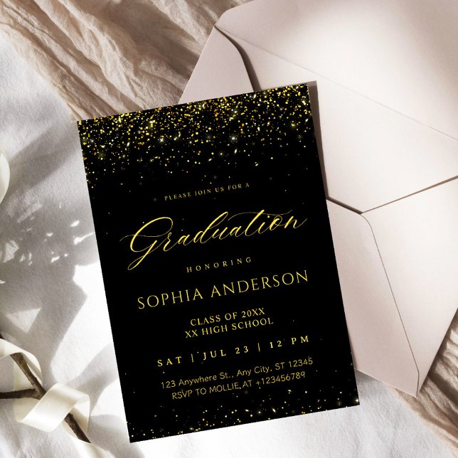 Invitation Faux or élégant Confetti Or Noir Diplômé (Créateur téléchargé)