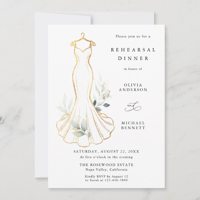 Invitation Faux Or et Robe de Mariée en Verdure Répétition Br (Devant)