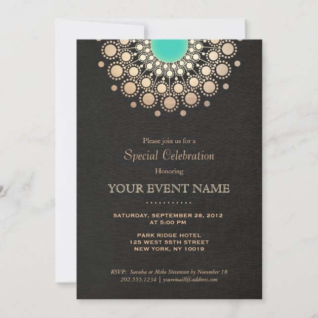 Invitation Faux Or et Turquoise Mandala Rond Noir (Devant)