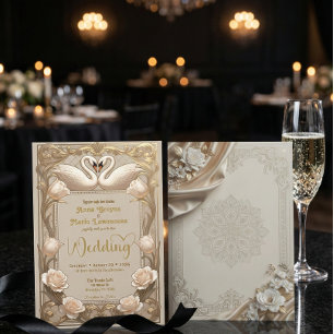 Invitation Faux Or Feuille Baroque Cygnes Champagne