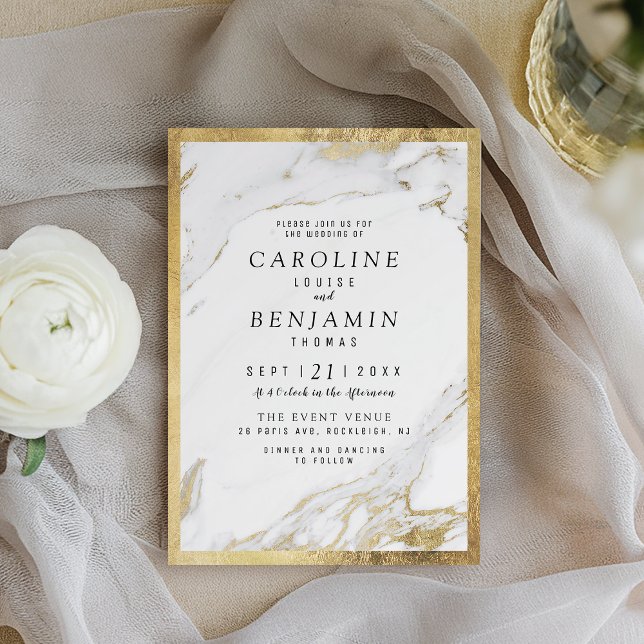 Invitation Faux or feuille marbre luxe moderne mariage (Faux gold foil marble luxury modern wedding invitation)