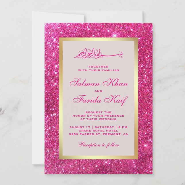 Invitation Faux Or Feuille Rose Clair Paillettes Mariage Isla (Devant)