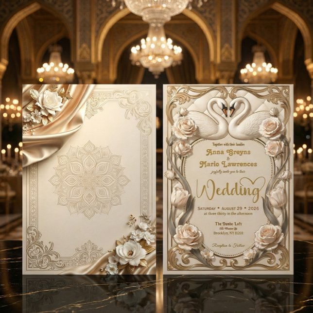 Invitation Faux Or Feuille & Soie Illusion Baroque Cygnes (Créateur téléchargé)