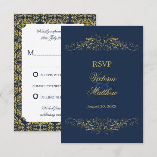 Invitation Faux Or Flourish Damask Bleu Nuit RSVP