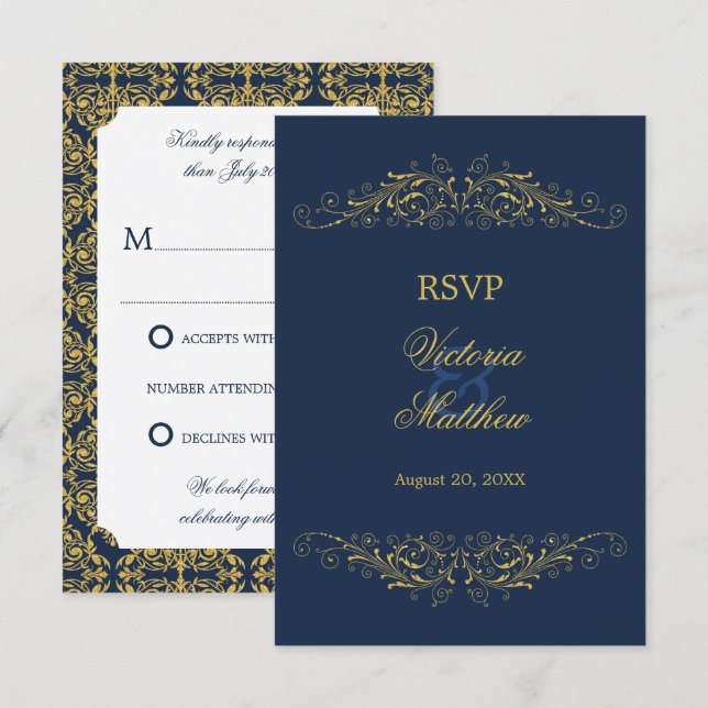 Invitation Faux Or Flourish Damask Bleu Nuit RSVP (Devant / Derrière)