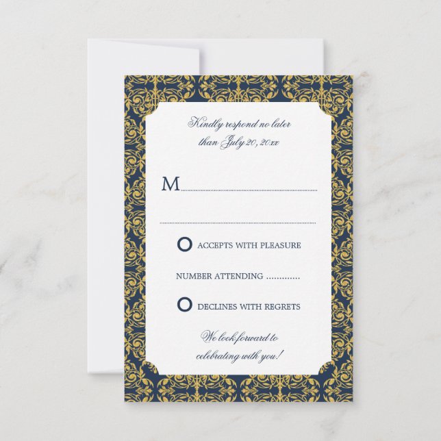 Invitation Faux or flourish damasque bleu marine RSVP (Dos)