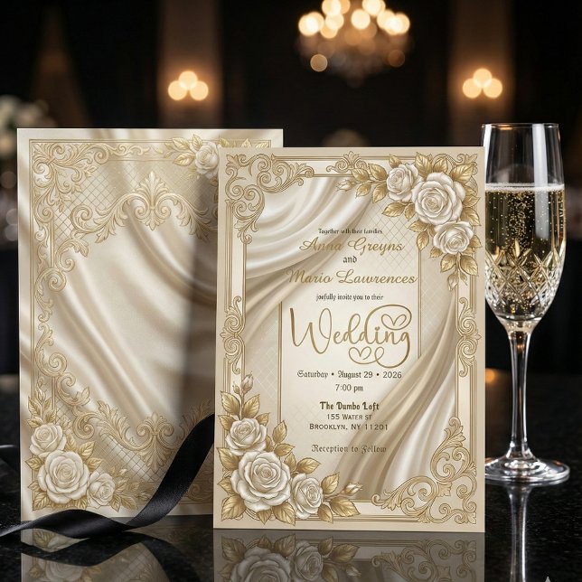 Invitation Faux Or Né Filigrane Orné & Satin Imprimé (Créateur téléchargé)