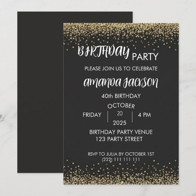 Invitation Faux Or Pailleté Anniversaire 40 Ans Noir (Devant / Derrière)