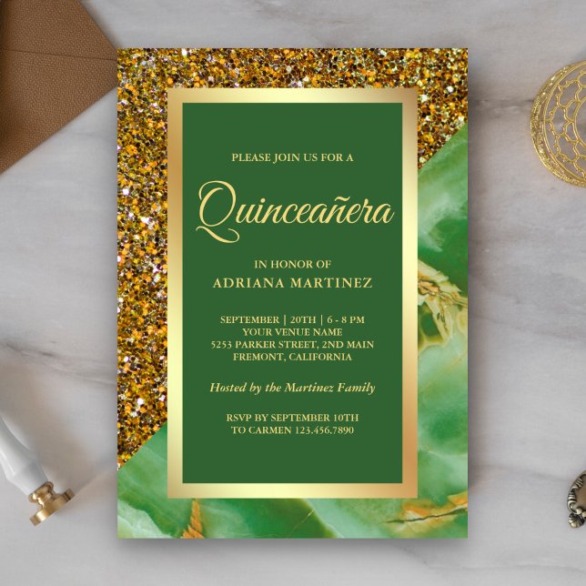 Invitation Faux Or Pailleté Vert Marbre Quinceanera (Créateur téléchargé)