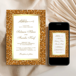 Invitation Faux Or Paillettes Blanc Mariage Islamique Musulma