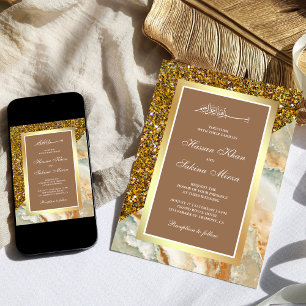 Invitation Faux Or Paillettes Marbre Beige Mariage Musulman