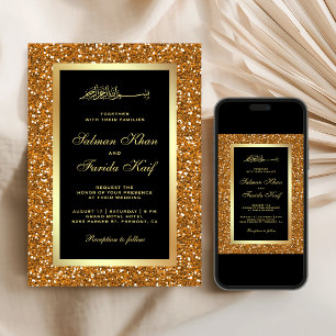 Invitation Faux Or Paillettes Mariage Musulman Islamique Noir