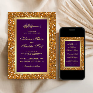 Invitation Faux Or Paillettes Violet Mariage Islamique Musulm