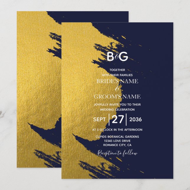 Invitation Faux Or Pinceaux & Bleu Nuit avec Monogramme (Devant / Derrière)