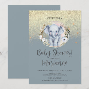 Invitation Faux or poussiéreux bleu paillettes dorées Baby Sh
