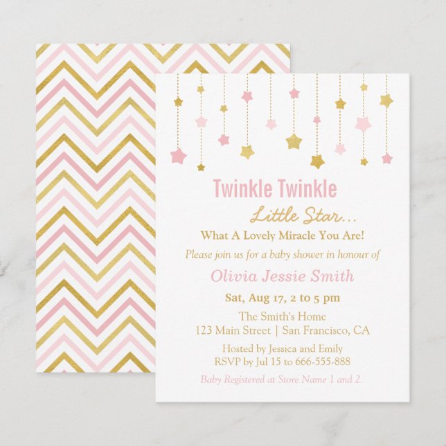 Invitation Faux Or Rose Brille Brille Petite Étoile Bébé (Devant / Derrière)